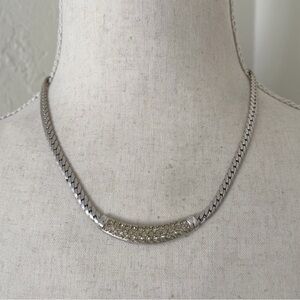 Vintage Christian Dior 1980s Silver Whole Crystal Crescent Pendant Necklace